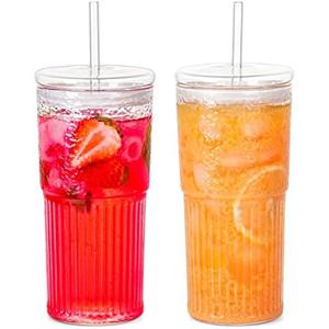 QWEZXO Glass Cup With Lid and Glass Straws，20 OZ High Borosilicate Glass Tumbler Iced Coffee Water Smoothie