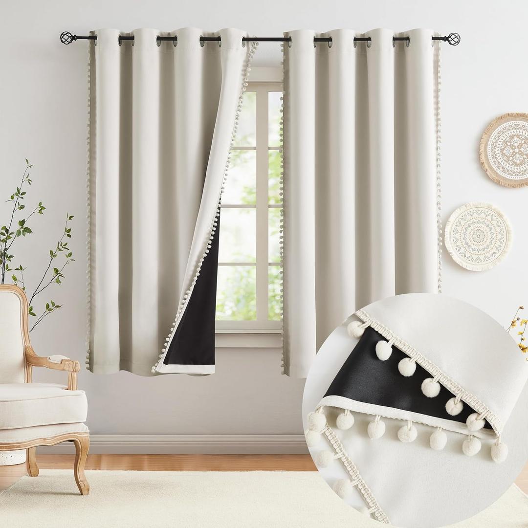 Jubilantex Pom Pom Blackout Curtains Beige Thermal Insulated Curtains Blackout Window Treatments 63" Long for Girls Kids Bedroom,52" Wide,2 Panels