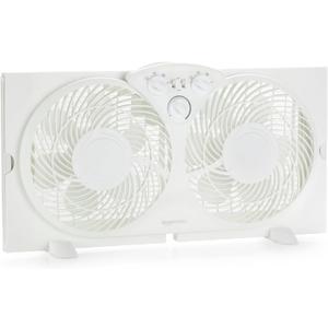 Amazon Basics Window Fan for Home Bedroom, Twin Heads, Cooling Airflow, Exhaust, Expandable Side Panel, Manual Control, 3 Speeds, 63W, 9 inch, White
