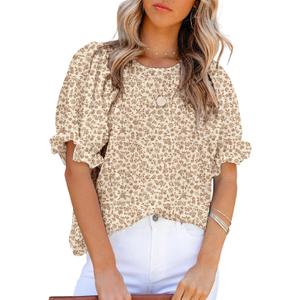 Dokotoo Floral Print Blouses for Women Crewneck Smocked Puff Sleeve Shirts Casual Babydoll Tops (Beige, M)