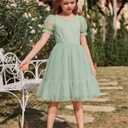 Arshiner Girls Dresses Tulle Bow Tie Back Puff Sleeve Party Holiday Spring Summer Dress (Green, L)