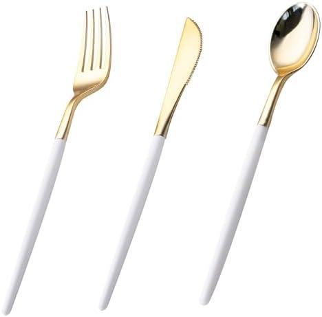 I00000 60 Pcs Gold Plastic Silverware - Heavy Duty Plastic Cutlery -Party Disposable Silverware Set，Disposable Cutlery Set Includes 20 Forks, 20 Knives, 20 Spoons Perfect for Wedding