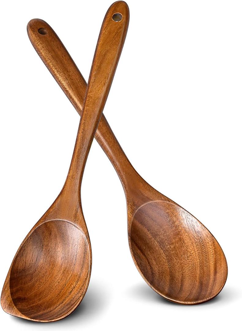2Pcs Wooden Spoons for Cooking, Natural Premium Teak Wood Spoon & Corner Spoon, Good Grip Large Cooking Spoons Spatula, Heat Resistant Wooden Kitchen Cooking Utensils Set for Nonstick Cookware