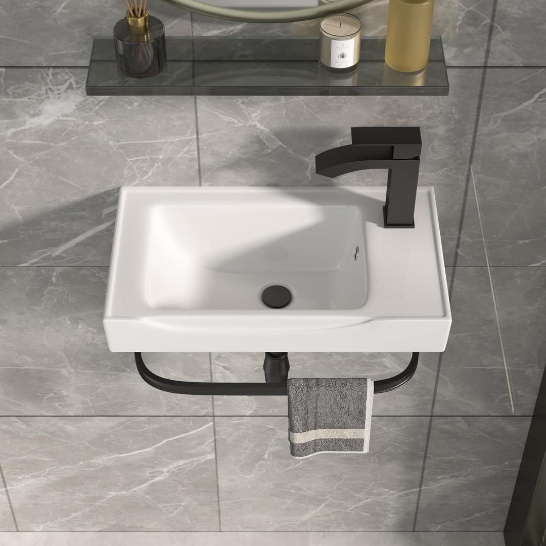 Wall Mount Corner Vessel Sink with Towel Rack 20x11 Inch
Ceramic Bathroom Floating Sink, White Rectangle Bathroom Sink with Overflow, Wall Hung Wash Hand Basin
