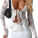 CSDAJIO 2 Piece Outfits for Women Floral Lace Open Front Tie Up Long Sleeve Crop Top Blouse Shirt and Mini Skirt Set (Small, White)