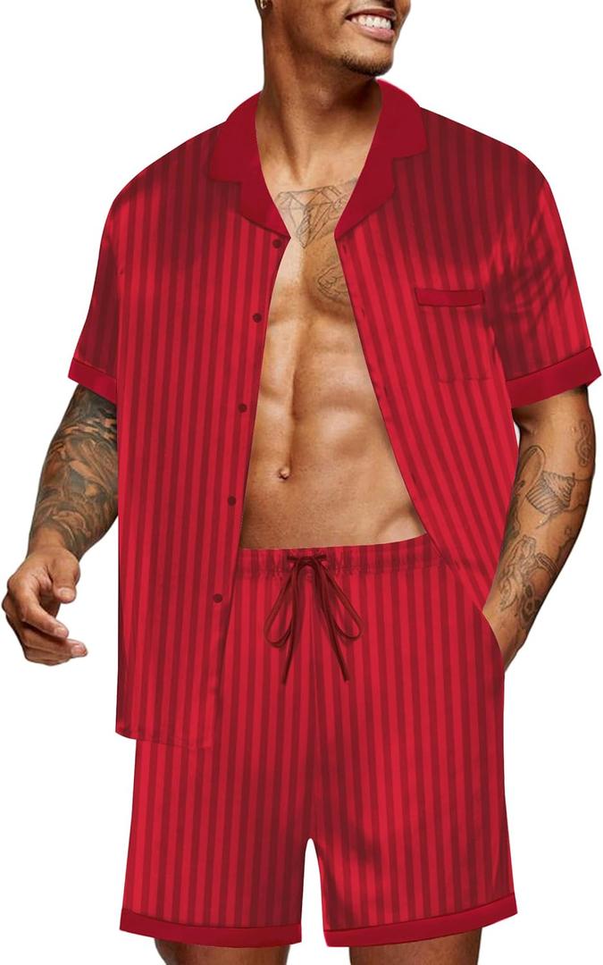 Ekouaer Men Satin Silk Pajamas Set with Pockets Sleepwear Shorts Satin Summer Loungewear 2 Piece Button Down Set S-3XL