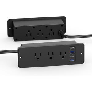 CCCEI 6 Outlets Dual Side Recessed Power Strip with 45W USB C Port, Furniture Flush Mount, Under Desk, Desk Top Multiple Outlet, Hidden Charging Station for Conference Table, Nightstand, Black. 10FT.
