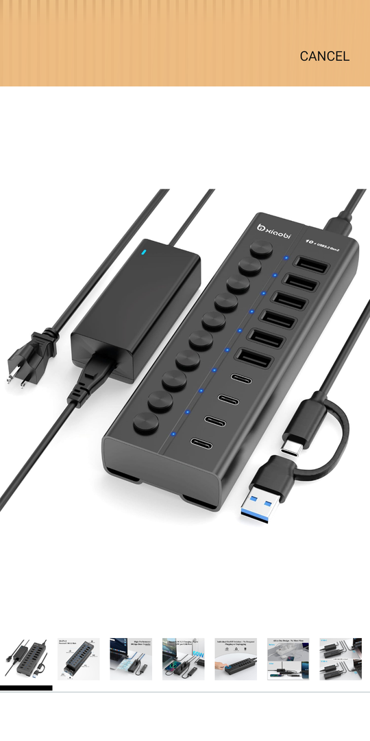 Powered USB Hub, 10-Port USB C Hub with 6 USB-A 3.2, 4 USB-C 3.2 Ports, Individual Switches and 12V/5A Power Adapter, Aluminum USB Extension for MacBook, Laptop/PC and More(Black)