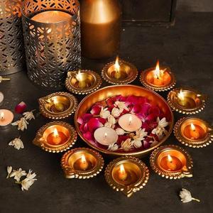 Diya Shape Flower Decorative Urli Bowl  Handcrafted for Floating Flowers and Tea Light Candles  Office, Table & Diwali Decor  Gold (14inch)