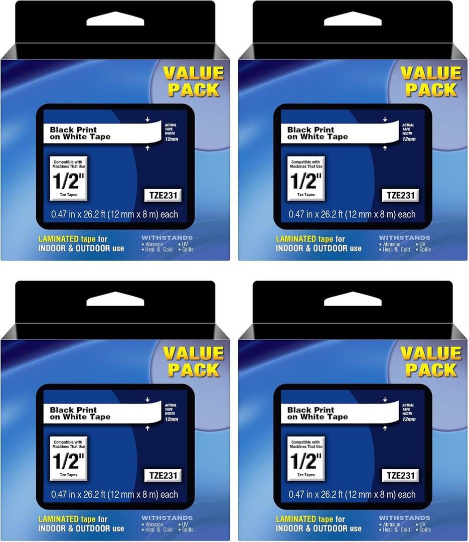TZE-231 Compatible Brother Label Makers Tape TZe 231 TZ-231 Label Tape 12mm 0.47 White, Work for Brothers Ptouch PT-H110 PT-D410 PT-D600 PT-D200 PT-D210, Black on White, Work for Home Office