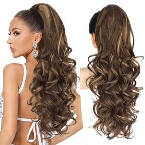 ALXNAN Ponytail Extension,24 Inch Claw Clip in Long Curly Wavy Chocolate Brown with Highlights Ponytail Hair Extension Jaw Clip on Pony Tails Hairpiece for Women