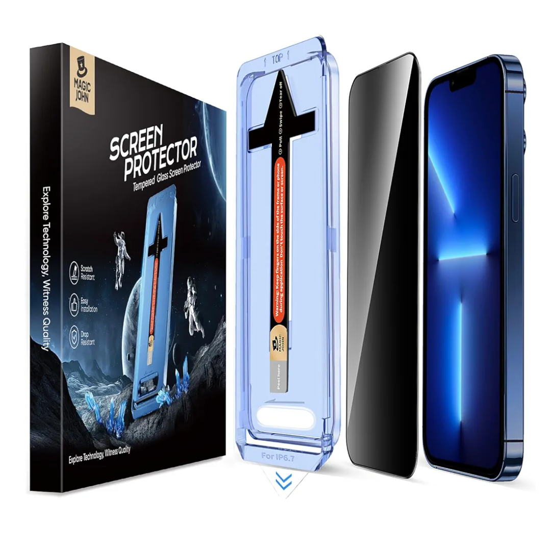 MAGIC JOHN 2 Pack for iPhone 13 Pro Max/iPhone 14 Plus 6.7 inch Privacy Glass Screen Protector, Auto Dust-Elimination Installation, Bubble Free, Easy Installation