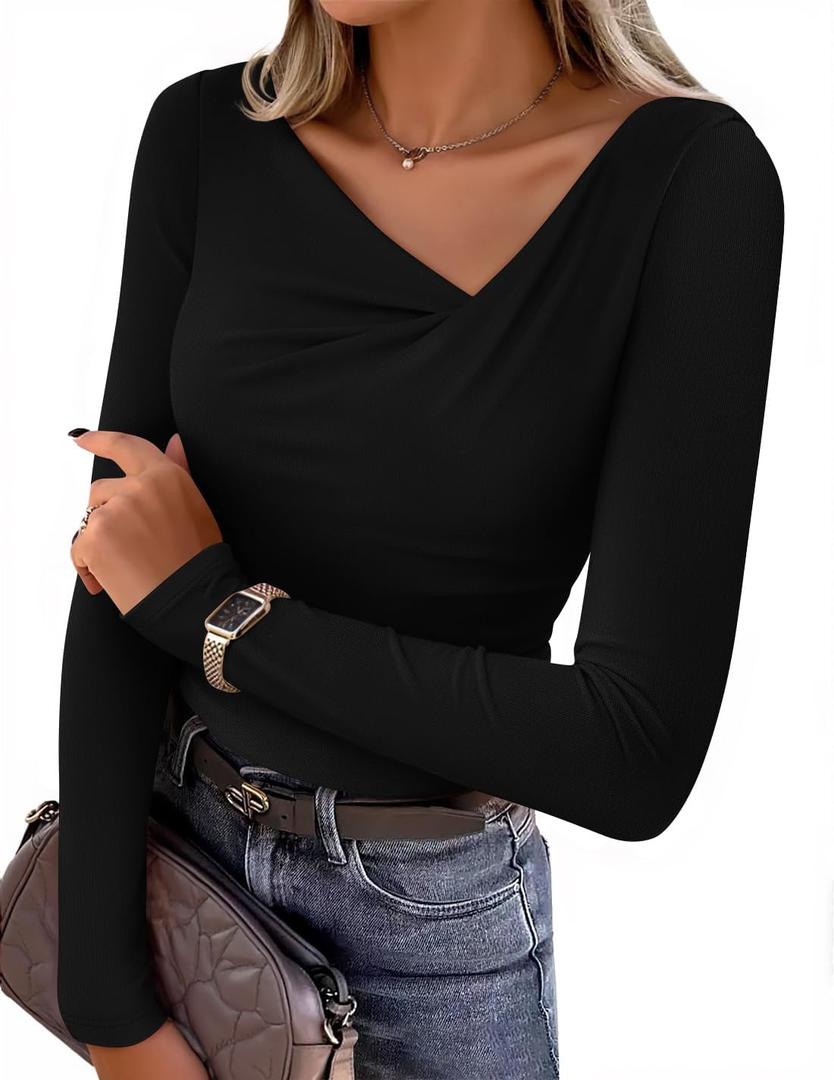 ZESICA Women's Long Sleeve Asymmetrical Neck T Shirts 2026 Spring Fall Fashion Outfits Ruched Slim Fit Blouses Going Out Tops, Small (Black)