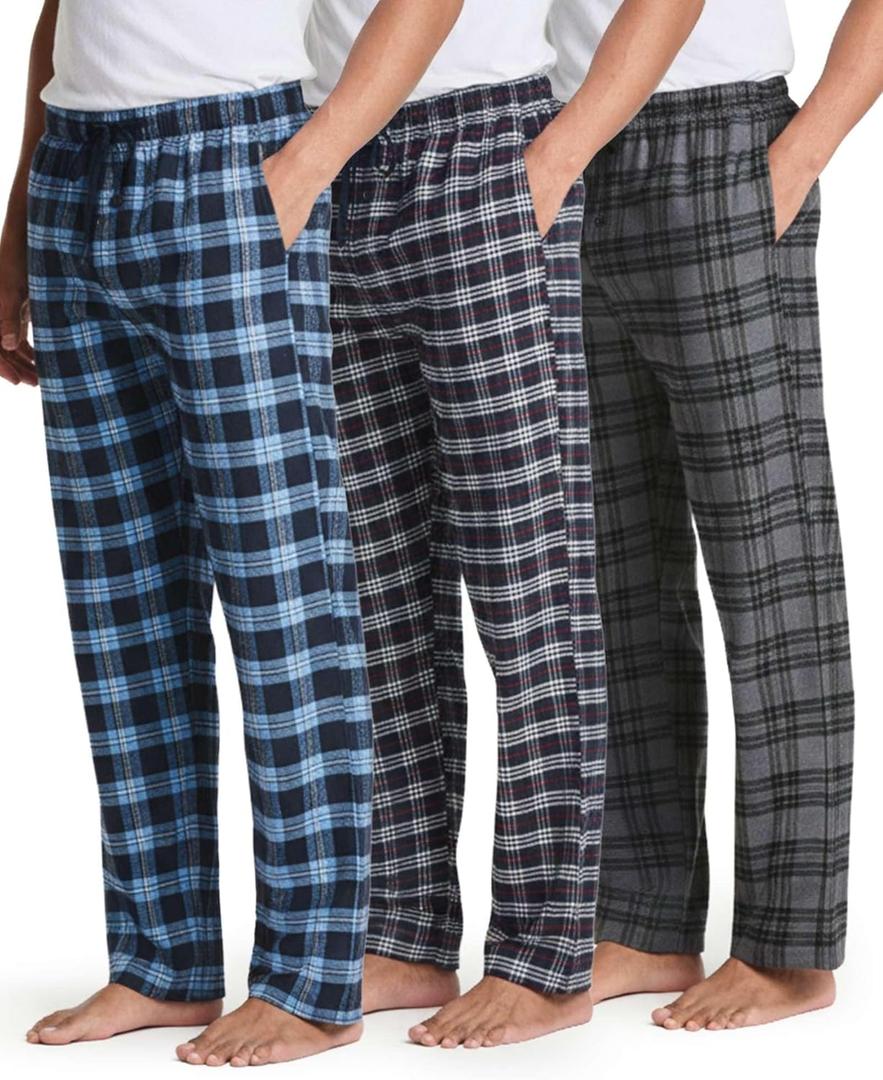 Real Essentials 3 Pack: Men's Soft Cotton Flannel Pajama Pants PJ Lounge Bottoms Elastic Waist Pockets (Big and Tall) (Large)