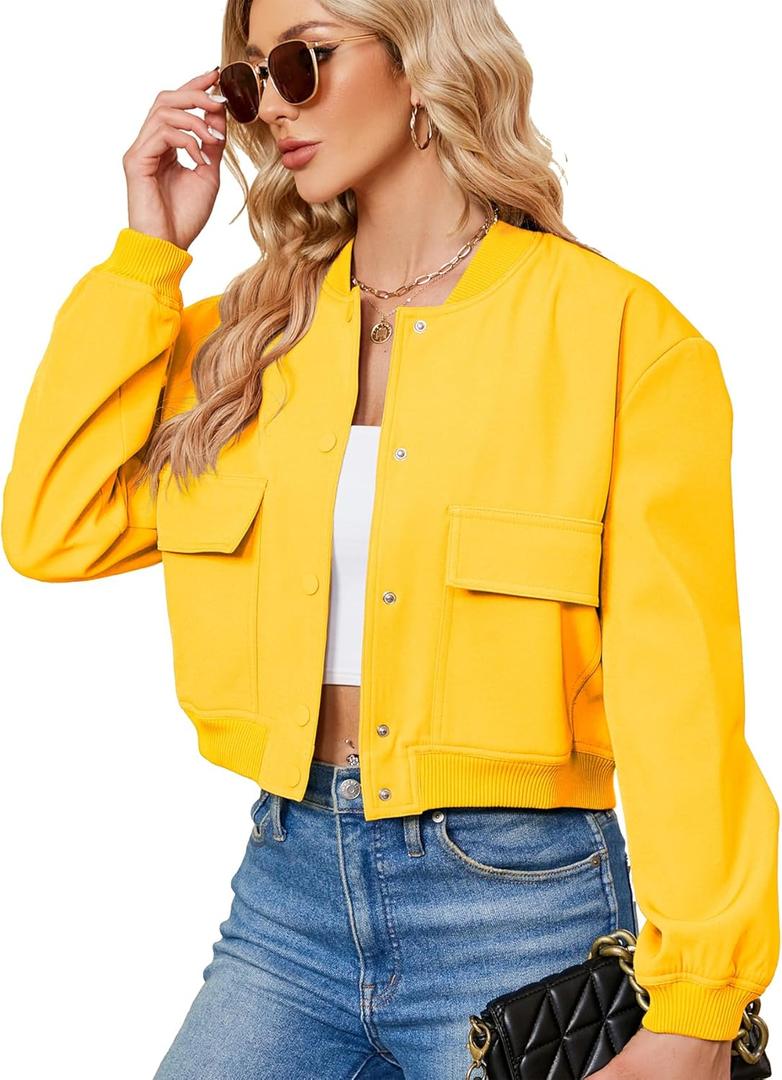 Zando Bomber Jacket Women 2025 - Short Cropped Jacket Women Button Down Long Sleeve Casual Varsity Jackets with Pockets (Medium, Yellow)