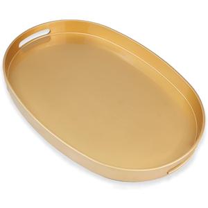 Gold Oval Decorative Tray with Handles, Versatile Serving Tray for Coffee Table, Ottoman, Ideal for Serving, Displaying, Organizing, 15.3"*10.6"*1.37"
