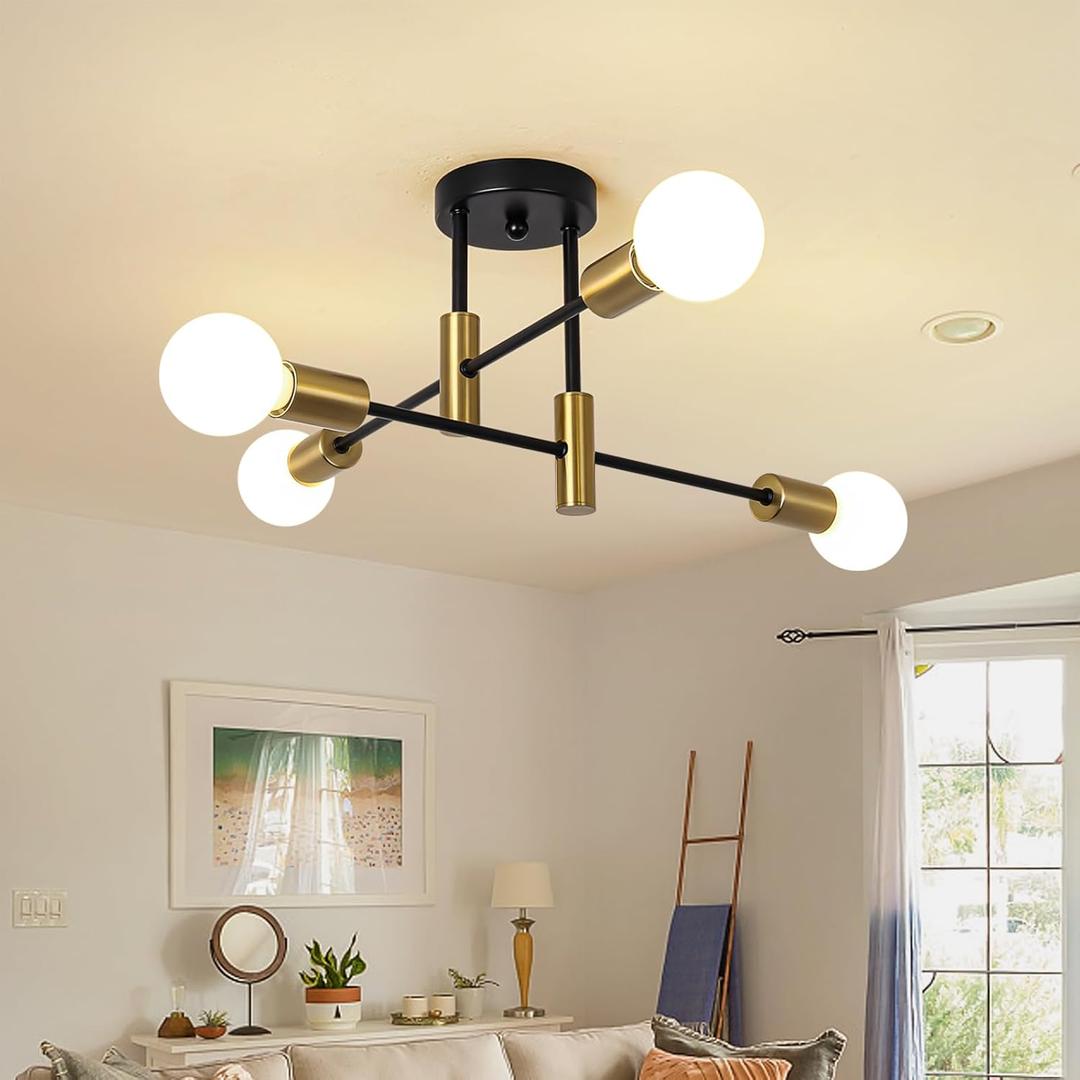 Modern Semi Flush Mount Ceiling Light,Mid Century 4 Light Lighting Fixture for Dining Room Bedroom Kitchen Foyer Entryway Hallway,Metal Gold and Black Sputnik Chandelier