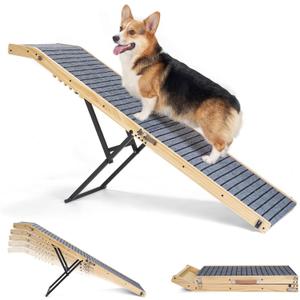Veehoo Folding Dog Ramp for Bed Couch, 65" Long Stairs for Dogs to Get on High Bed with Platform and 5 Adjustable Height 20" to 31“, Wooden Senior Dog Ramp Steps for Small to Large Dogs, up to 220lbs