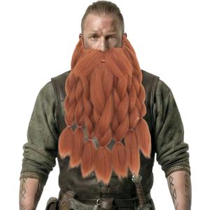 Viking Dwarf Long Braided Mustache Men's Pre-Styled Novelty Beard for Halloween Cosplay Parties, Red Brown