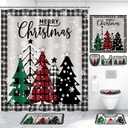 Layhit 4 Pcs Christmas Shower Curtain Set, Christmas Bathroom Set with Non Slip Rug, Toilet Lid Cover and Bath Mat, Xmas Tree Style Shower Curtain with 12 Hooks for Xmas Bathroom Decor Winter Holiday
