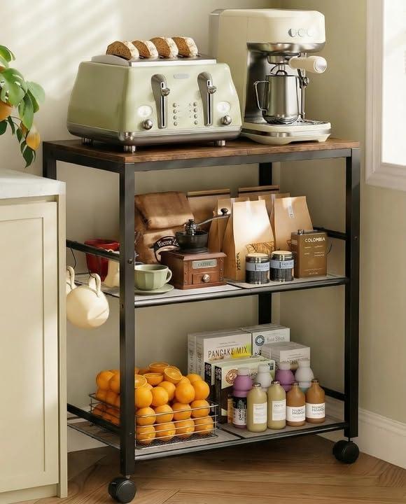 Kitchen Rolling Cart, Microwave Stand with Lockable Wheels, 3-Tier Mobile Utility Cart, Multifunctional Organizer Table Island for Kitchen, Office, Coffee Bar, Balcony, 23.6" x 15.7" x 27.6"