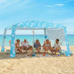 Zeraty Beach Cabana 8'×8', Portable Beach Canopy with Side Wall, UPF 50+ Silver-Coated B Each Tent Sun Shelter Easy Pop Up, Wind Resistant Adjustable Height B Each Umbrella Tent for Family, Lagoon