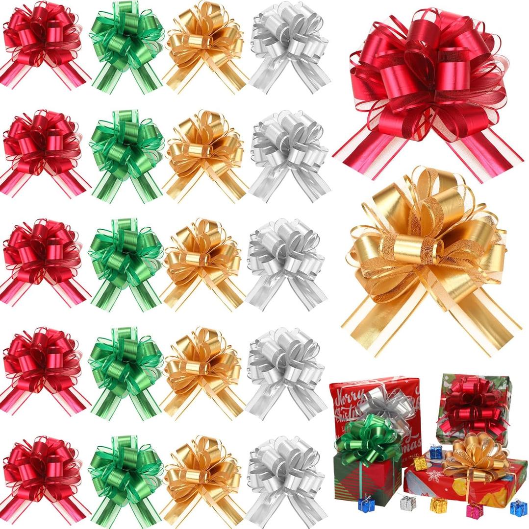 WILLBOND 20 Pieces 6 Inch Pull Bows Gift Wrapping Ribbon Pull Bows for Christmas Wedding Baskets Valentine Multicolor Wrap Accessory for Gift Present Holiday Decor(Green, Red, Gold, Silver)