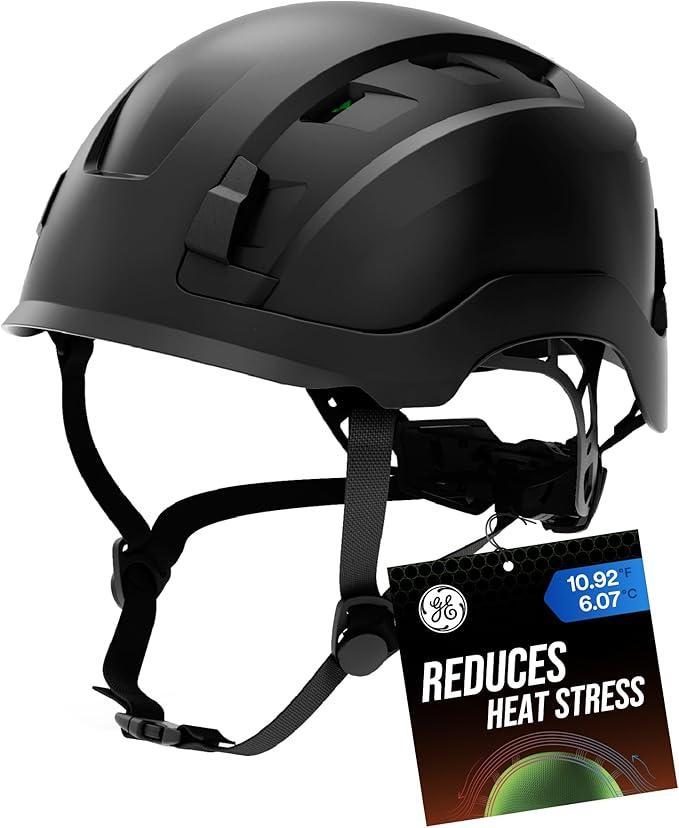 GE Safety Helmet, Impact Absorbing Tech, Adjustable Ratchet, ANSI Type 1, Memory Foam Padding, Hard Hats Protection, Chin Strap, Black