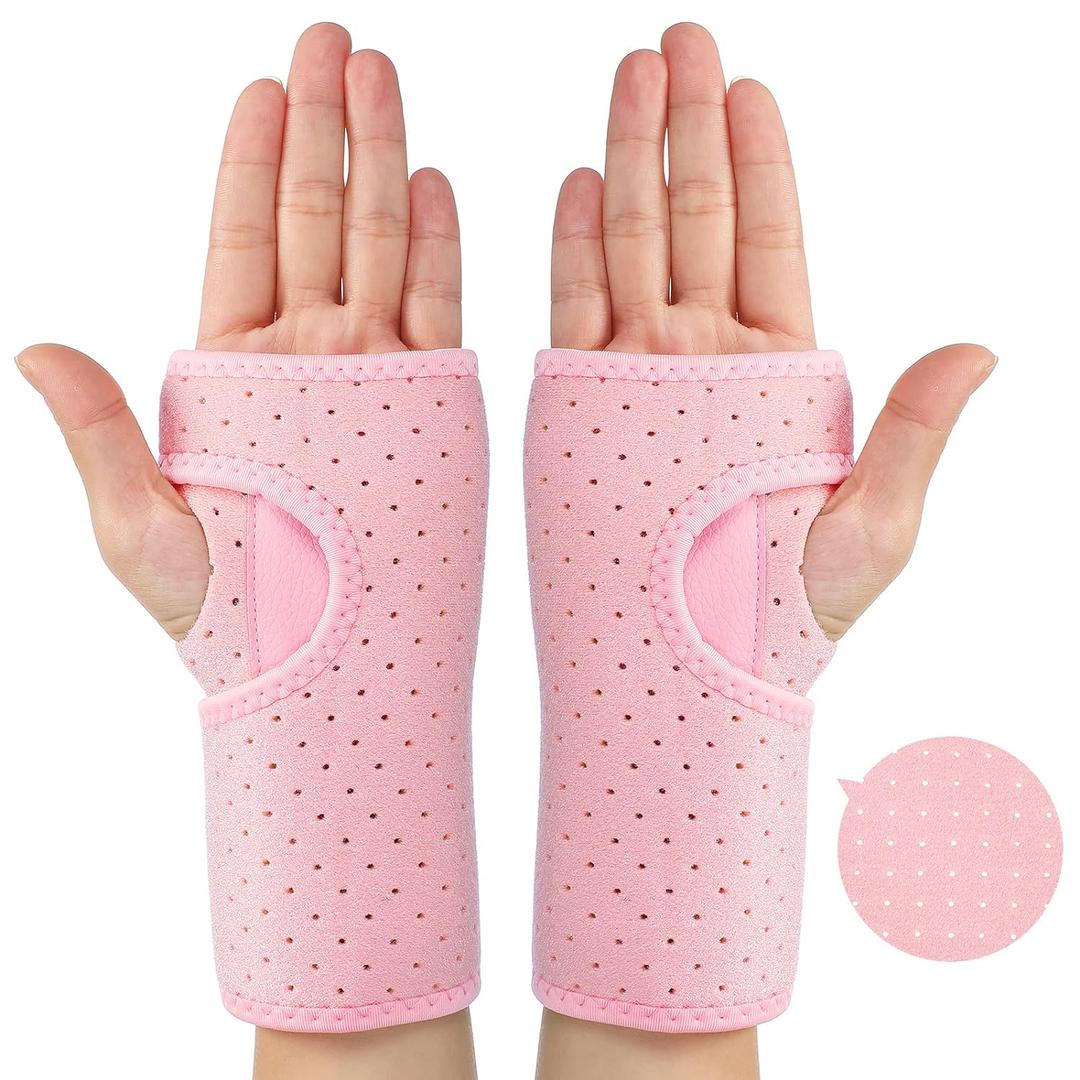 2 Pieces Carpal Tunnel Wrist Brace for Night Wrist Sleep Supports Splints Stabilizer and Hand Brace Cushioned to Help with Carpal Tunnel Pain Relief Universal Adjustable Fit(Breathable Style,Pink)