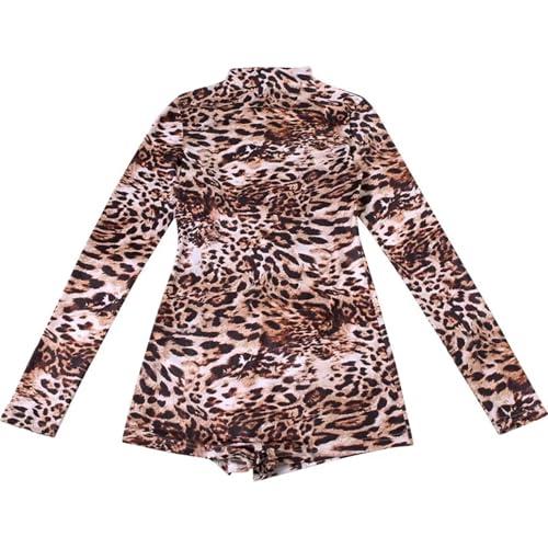 HUKYKXCz Leopard Print Romper Women Autumn Trend Long Sleeve O-Neck Skinny Stretch Streetwear Sexy Playsuits,Brown, XL