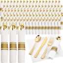 120Pack Gold Plastic Silverware Wrapped Plastic Cutlery Set with Napkin,Pre Rolled Napkins with Cutlery Set,Rolled Silverware Disposable For Valentine's Day Mother's Day and Easter