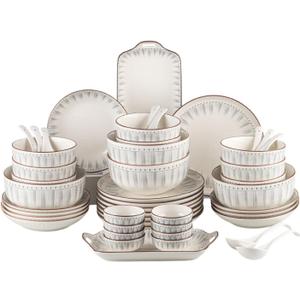 48-Piece Dinnerware Set for 8, Porcelain Plates and Bowls Sets, Blue Linear Pattern Modern Tableware, Chip-Resistant Stackable Ceramic Dish Set, Microwave & Dishwasher Safe, Service for 8