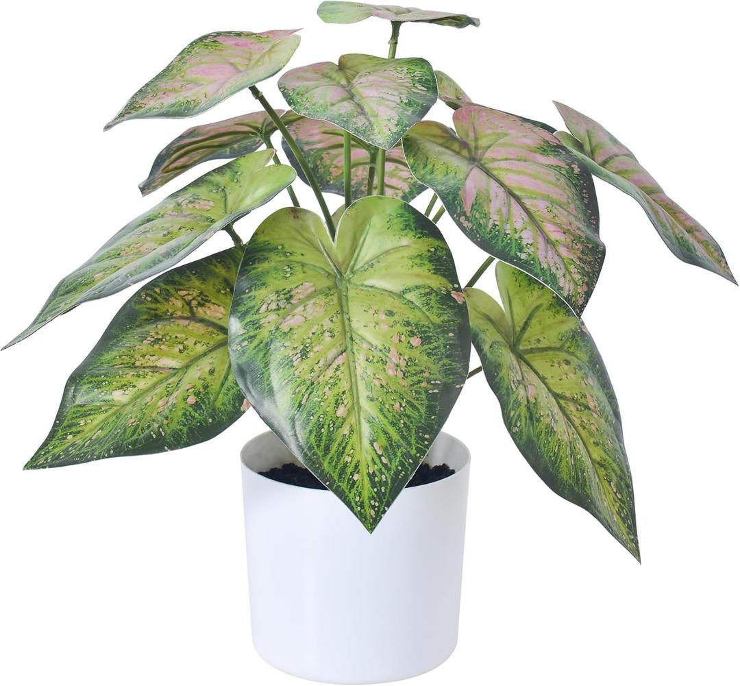 Fake Plants Artificial Caladium Plants Indoor, 15.7 Inch Samll Artificial Plants with Red Leaves, Potted Faux Plants for Desk Shelf Office Room Decoration1Pack