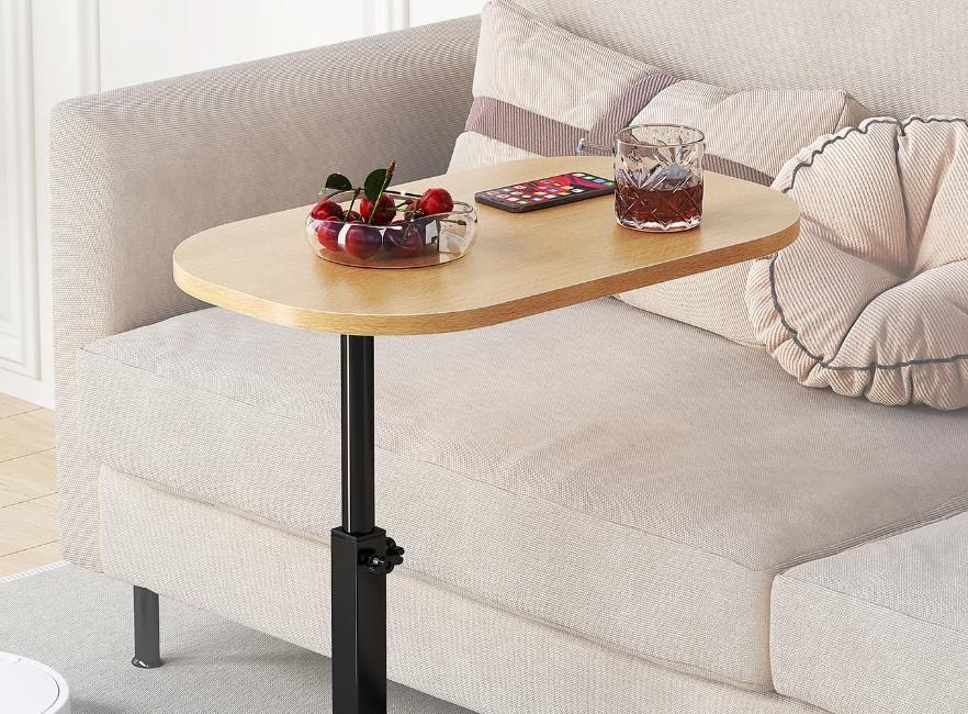 DAVIDOK C-Shaped Sofa End Table, Adjustable Height Couch Side Table with Device Slot, Wood Color with Black Metal Stand, Couch Table for Living Room, Bedroom