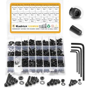 Kadrick M2 M3 M4 M5 Screws Nuts and Washers Assortment, Grade 12.9 Alloy Steel, Hex Socket Head Cap Metric Bolts and Nuts Kit, Black Zinc Palted,Anti Rust Upgrade (1230Pcs M2-M5 4mm-20mm)