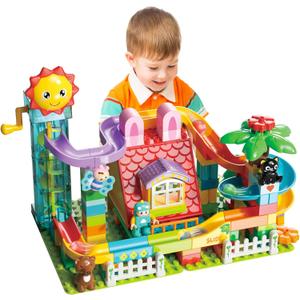 Kid Marble Run Building Blocks with Elevator Spiral Lift,Gift Toy Bricks Marble Maze Ball Race Track Set with Motorized Elevator,Big Blocks Educational STEM for 3 4 5 6 7 8 Year Old Boys Girls