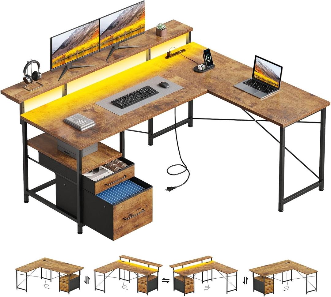 63" Gaming Desk with LED Lights, L Shaped Desk with Monitor Stand, Computer Desk with Drawers, PC Desk with Outlets, Office Desk with Monitor Stand, Rustic Brown