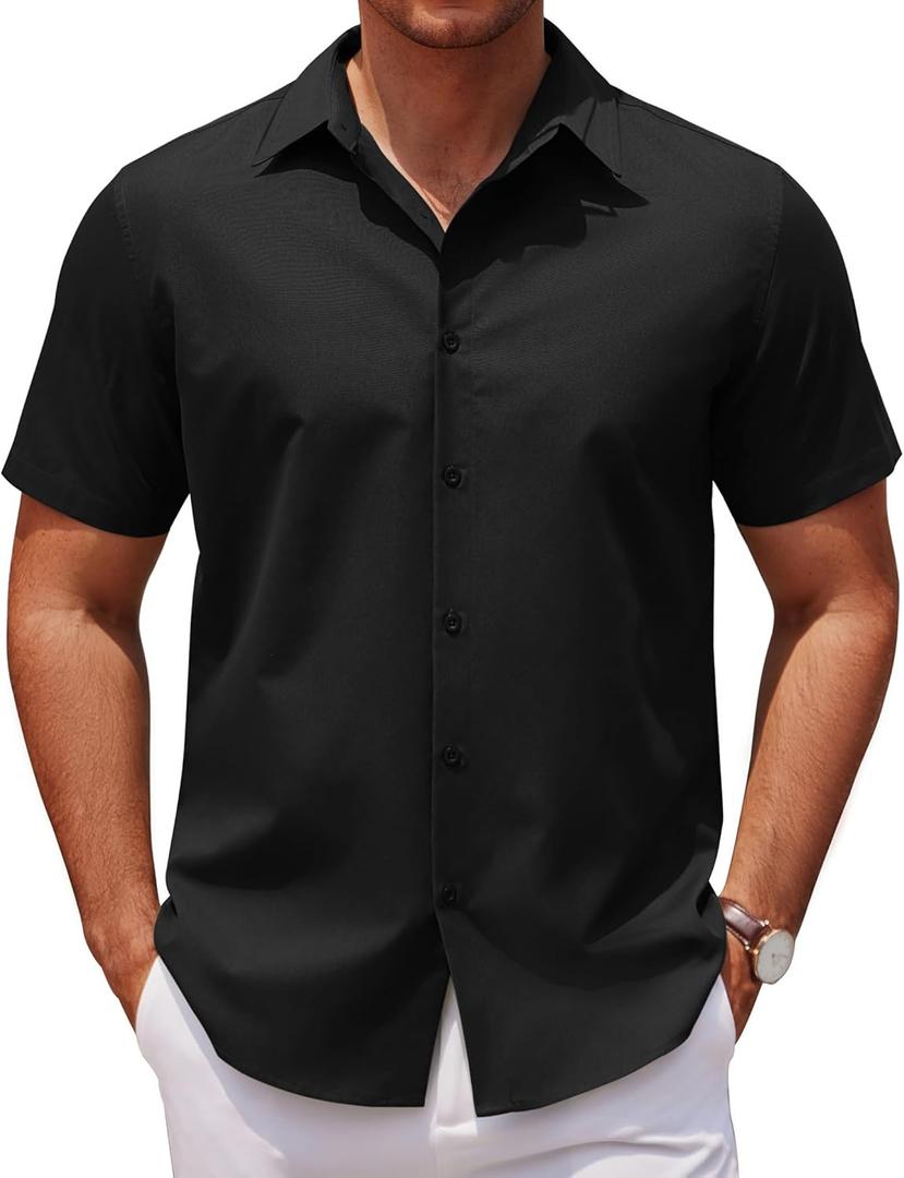 COOFANDY Men's Casual Short Sleeve Button Down Shirts Untucked Dress Shirts Wrinkle Free Summer Wedding Shirts Solid (Blue, M)