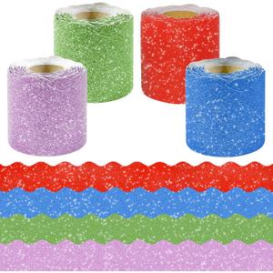4 Rolls 131.2Ft Glitter Bulletin Board Borders  Colorful Scalloped Classroom Border for Bulletin Board Trim  DIY Classroom Decor for Teachers, School and Office, Class Decorations