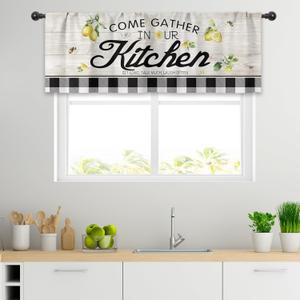 Cinbloo Lemon Valance for Windows Rustic Curtains for Kitchen 52Wx18H Inch Rod Pocket Farmhouse Decor Wood Black White Buffalo Plaid Country Small Window Drapes Fabric 1 Panel