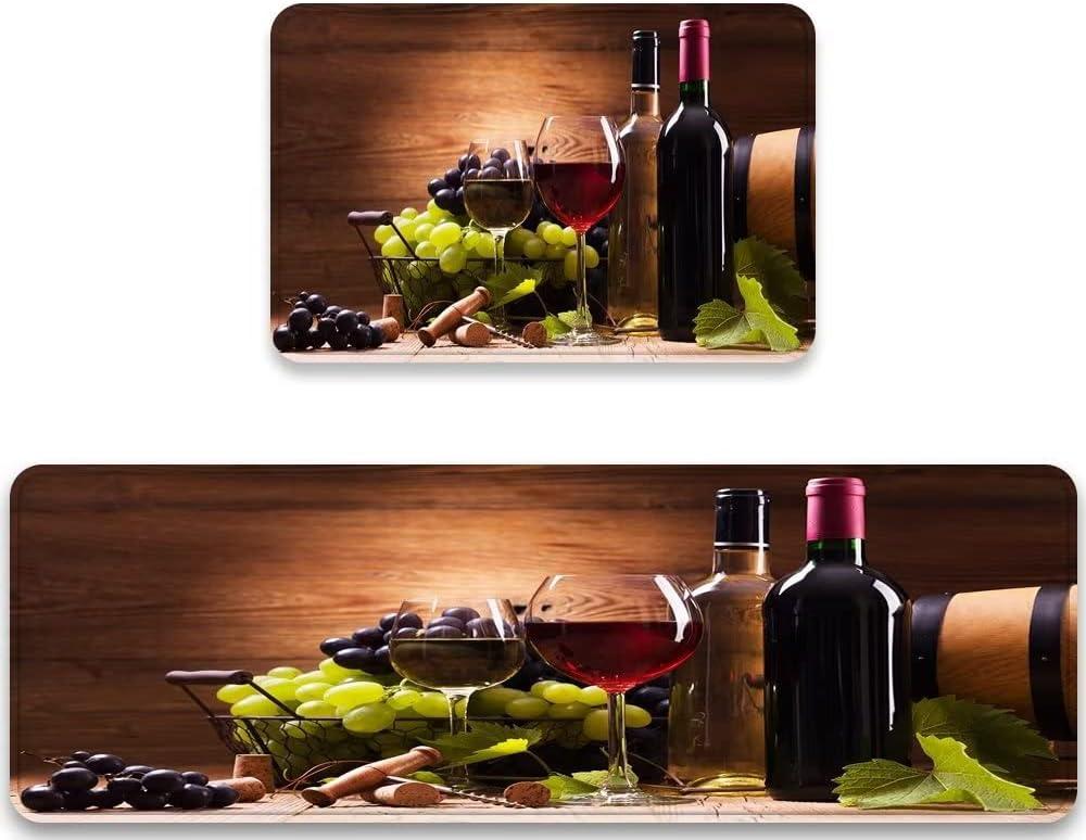 Kitchen Mat Set of 2 Glasses of Red and White Wine Served with Grapes on Wooden Rustic Floor Mats Non Slip Doormat Washable Kitchen Rug and Mats Anti Fatigue Cushioned Area Runner Rugs for Sink,  Size Large 17.7" x 47.2" ,small kitchen mat 17.5" x 29.5"