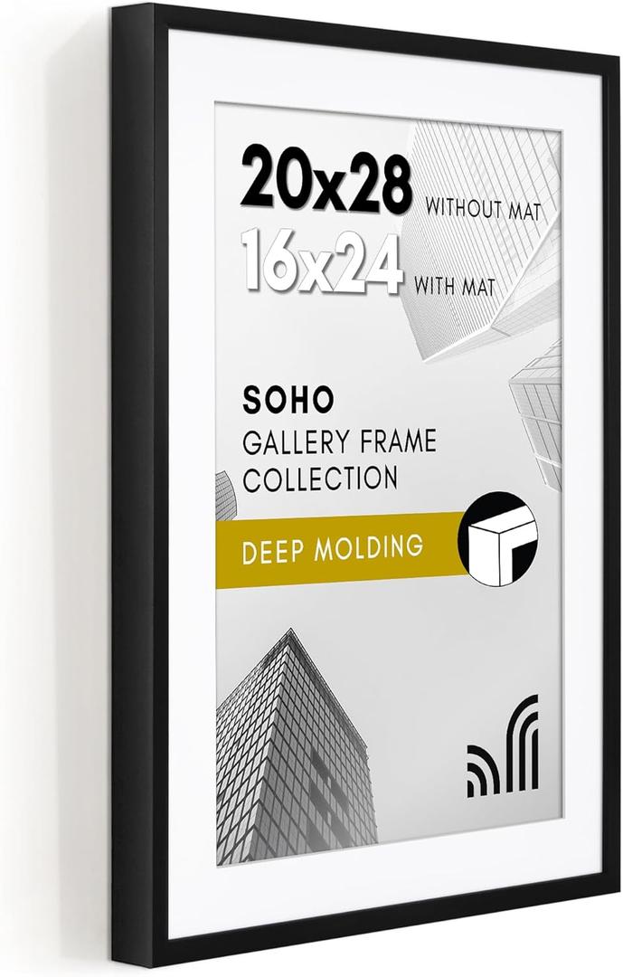 Americanflat 20x28 Picture Frame with Polished Plexiglass - Use as 16x24 Frame with Mat or Display 20x28 Photo Without Mat - Soho Collection - Deep Molding Picture Frames for Wall Display - Black
