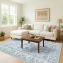 Fame Living Cream Blue Oushak Rug, Modern, Vintage, Turkish, Eclectic, Floral, Pastel, Washable, Area Rugs for Living Room, Dining, Bedroom, Nursery, Girls, Boys, 5'9"x8'9"