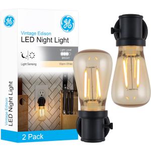 GE Vintage LED Edison Night Light, Plug-in, Dusk to Dawn, Farmhouse Decor, Mood Lighting, Home Decor, Ambient Lighting, LED Lights for Bedroom, Bathroom, Kitchen, Hallway, Black, 2 Pack, 71349 (Black Edison)