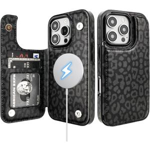 HAOPINSH for iPhone 16 Pro Case Wallet Compatible with MagSafe Wireless Charging, Black Leopard Cheetah Pattern Back Flip Folio Leather Kickstand Card Slots Case Double Magnetic Clasp Cover 6.3"