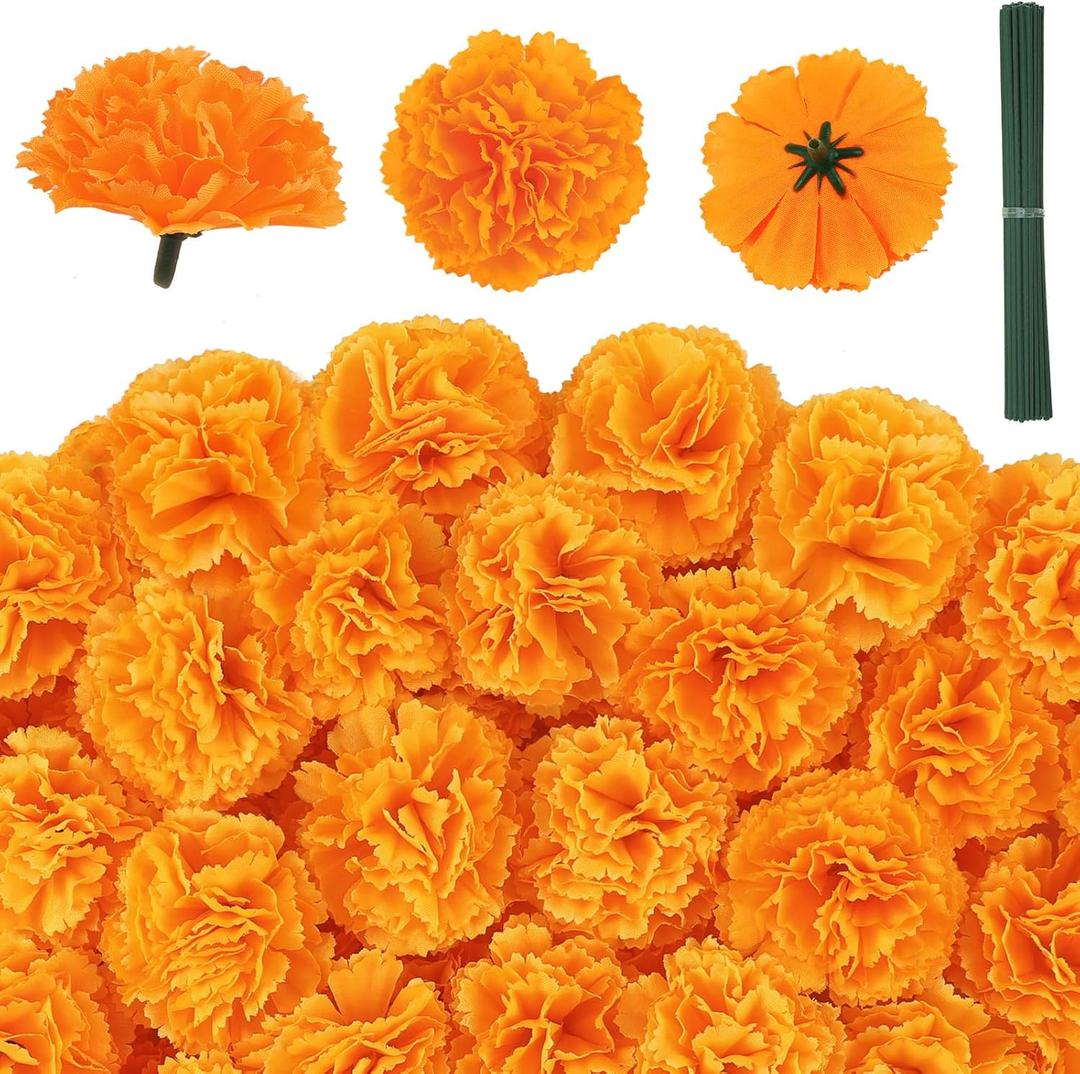 JMUQ 40Pcs Artificial Marigold Flowers, 2inch Silk Marigolds with Stems, Orange Artificial Flowers for Diwali Home Decor Marigold Garland Day of The Dead Decorations