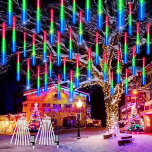 2-Pack Extendable Meteor Shower Christmas Lights Outdoor, 16 Tubes 384 LEDs Waterproof Falling Rain String Light, Christmas String Lights Outdoor for Tree Garden Patio Holiday Decorations (Multicolor)