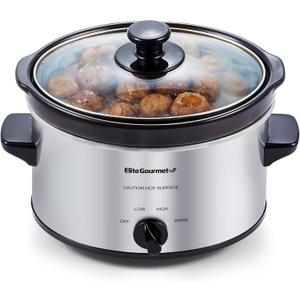 Elite Gourmet MST-275XS Electric Oval Slow Cooker, Adjustable Temp, Entrees, Sauces, Stews & Dips, Dishwasher Safe Glass Lid & Crock (2 Quart, Stainless Steel)