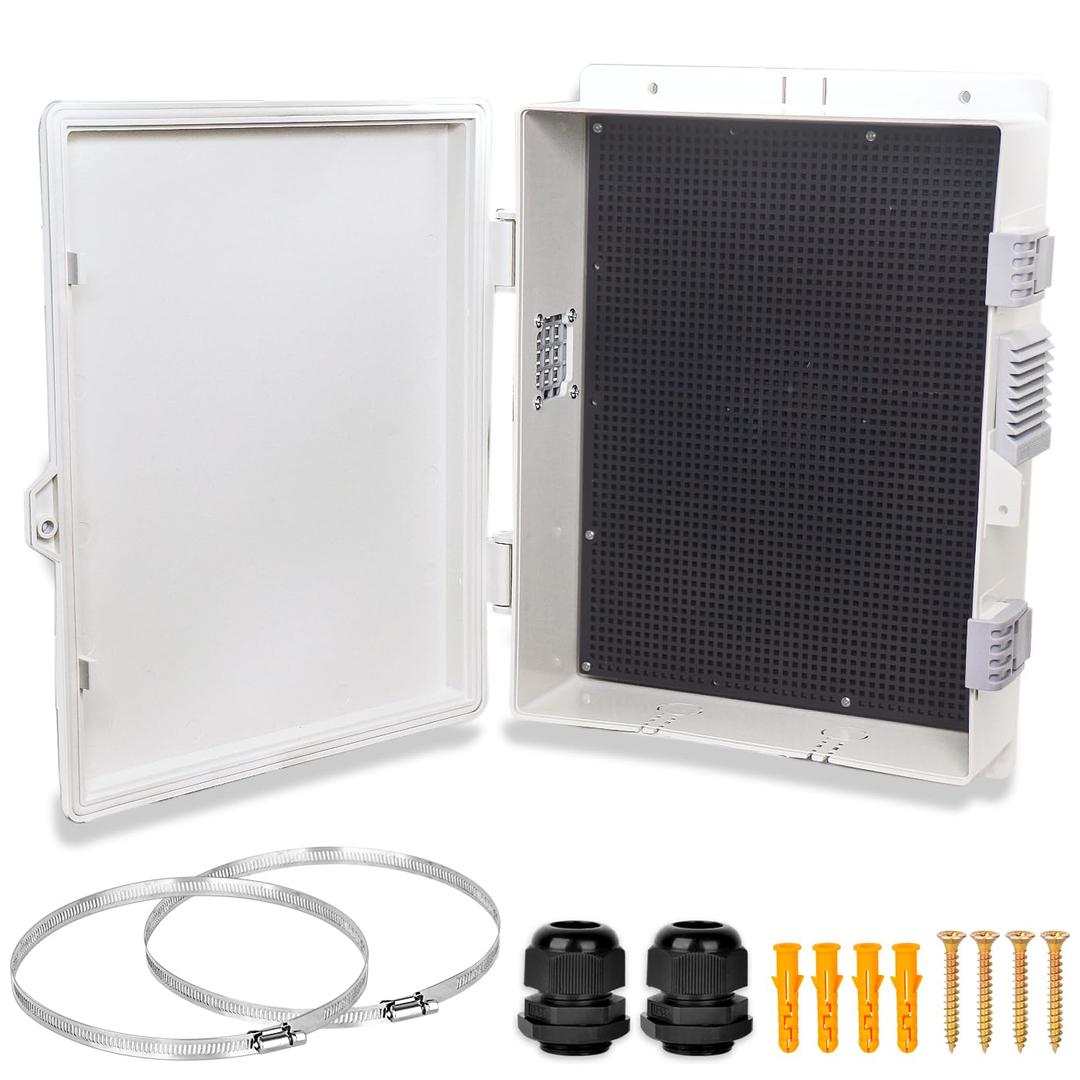Electrical Junction Box, Outdoor Water Resistant Nema Enclosure, Ventilated ABS Plastic WiFi Project Box with Internal Mounting Panel & Hinged Cover 13" Lx 9.2" Wx 3.7" H