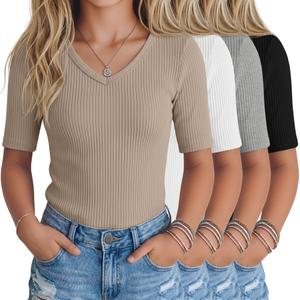 LessonZoo 4 Pack Teen Girls T Shirts Kids Summer V Neck Tops Ribbed Basic Cute Tees Short Sleeve Clothes for Tween 5-14 Years(Khaki, White, Gray, Black,11-12 Years)